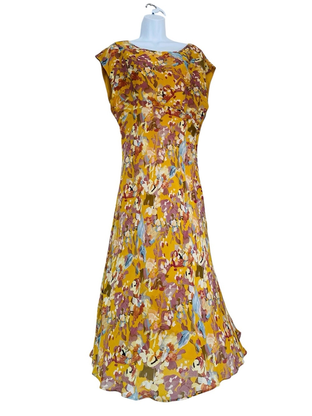Sundance Yellow Floral Silk Cap Sleeve Boat Neck Maxi Dress Size 12